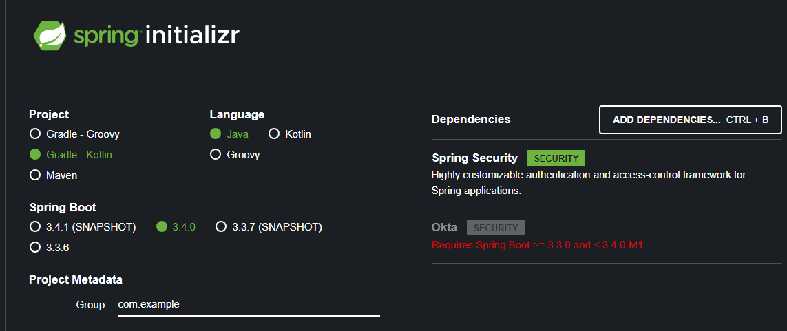 SpringBoot Spring Initializr doesn't recognize Dependency of Spring Okta available in the last Spring Boot versions.