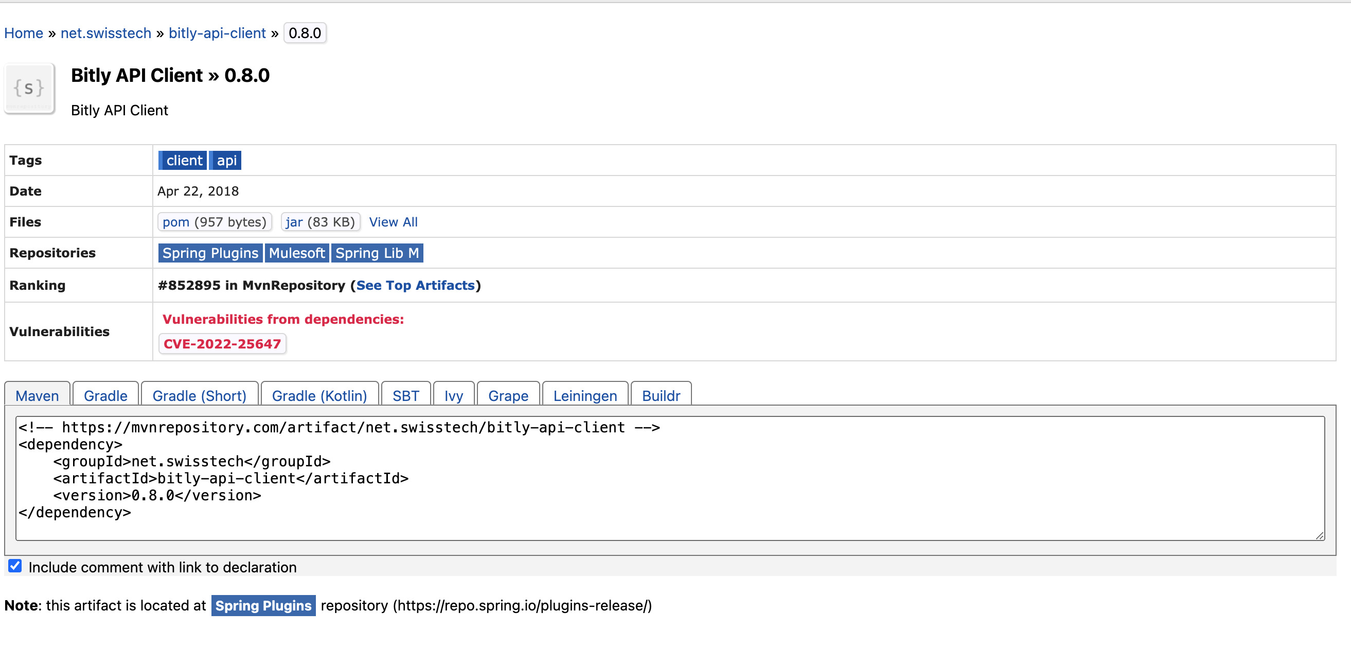 Spring plugins-release/net/swisstech/bitly-api-client/0.8.0 no longer available