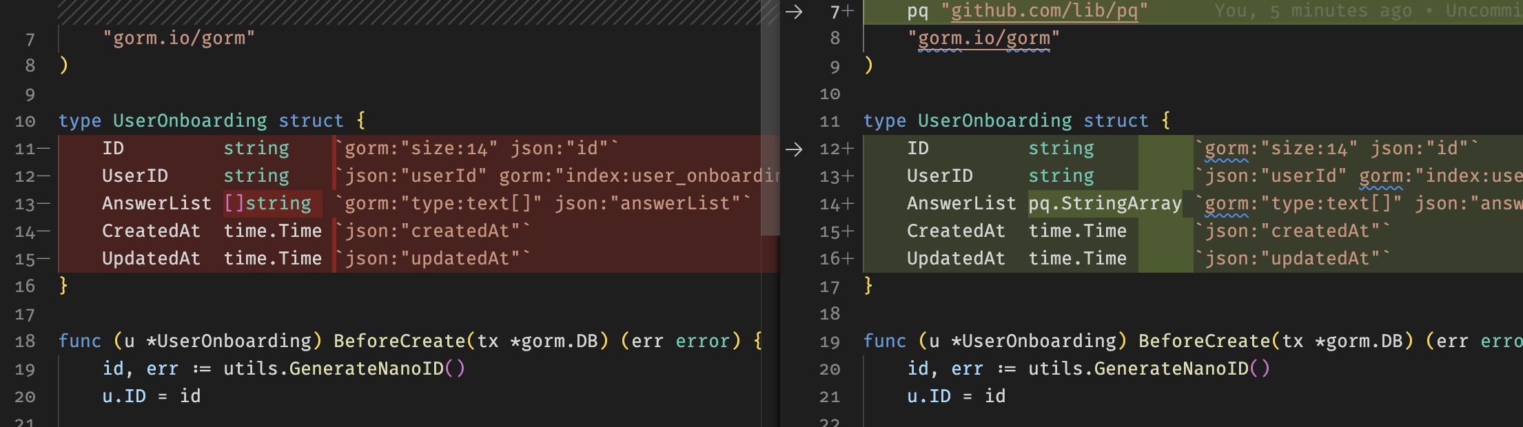 Gorm Can't insert array []string into PostgresDB with GORM