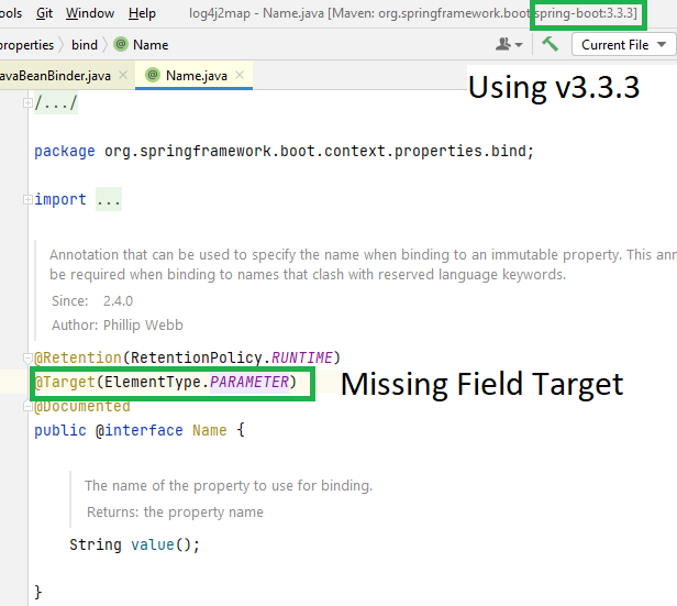 SpringBoot Document configuration property binding's support for using @Name to customize a property name