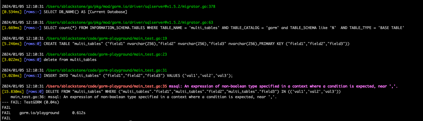 Gorm GORM generates invalid SQL for sqlserver when deleting with composite primary keys