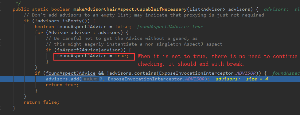 SpringBoot The for loop in AspectJProxyUtils should add break