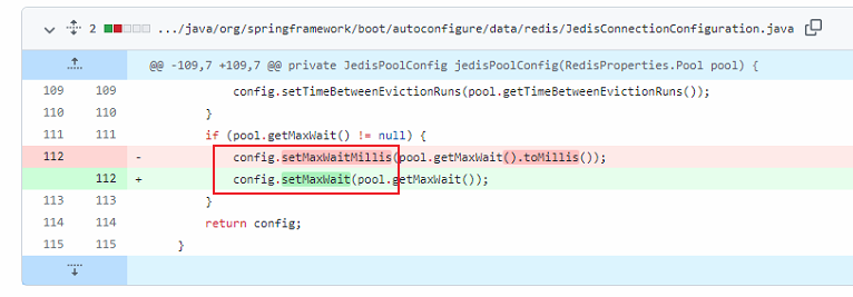 SpringBoot The following method did not exist:      redis.clients.jedis.JedisPoolConfig.setMaxWait(Ljava/time/Duration;)V