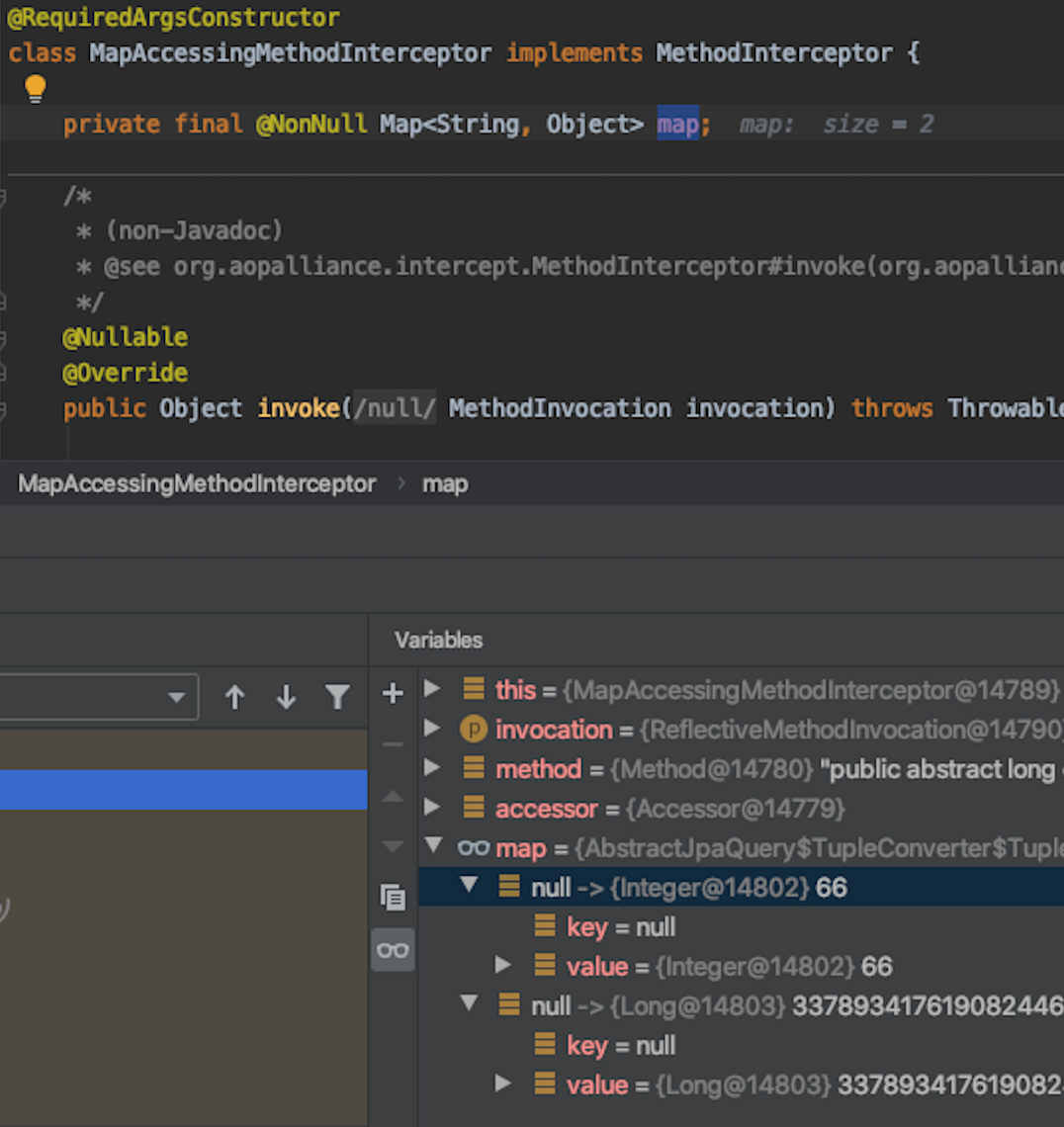 SpringBoot Dynamic Projections error Null return value from advice does not match