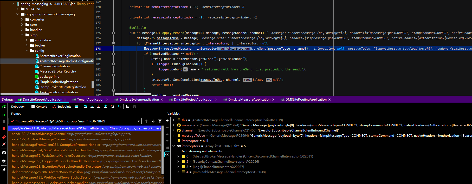 Spring Missing null checks in AbstractMessageChannel.addInterceptor/setInterceptors