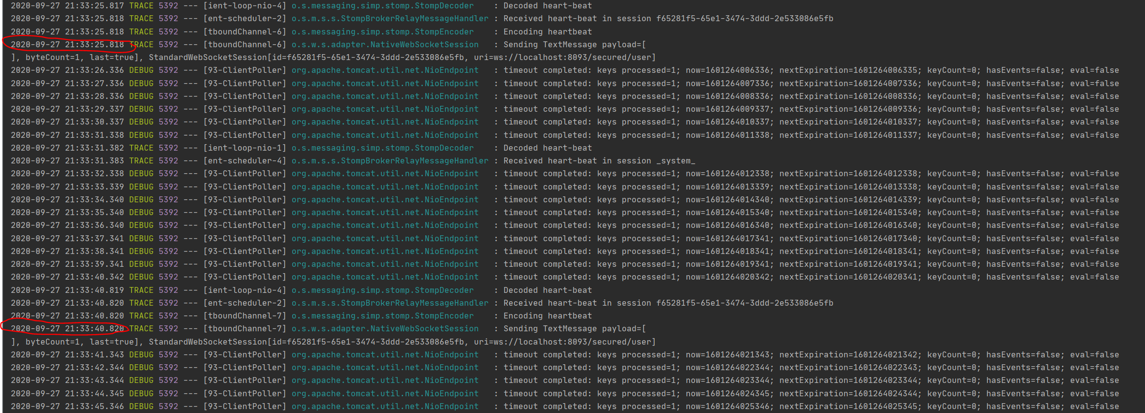 Spring Websockets ExecutorSubscribableChannel class keeps on sending heartbeat every 15 sec.