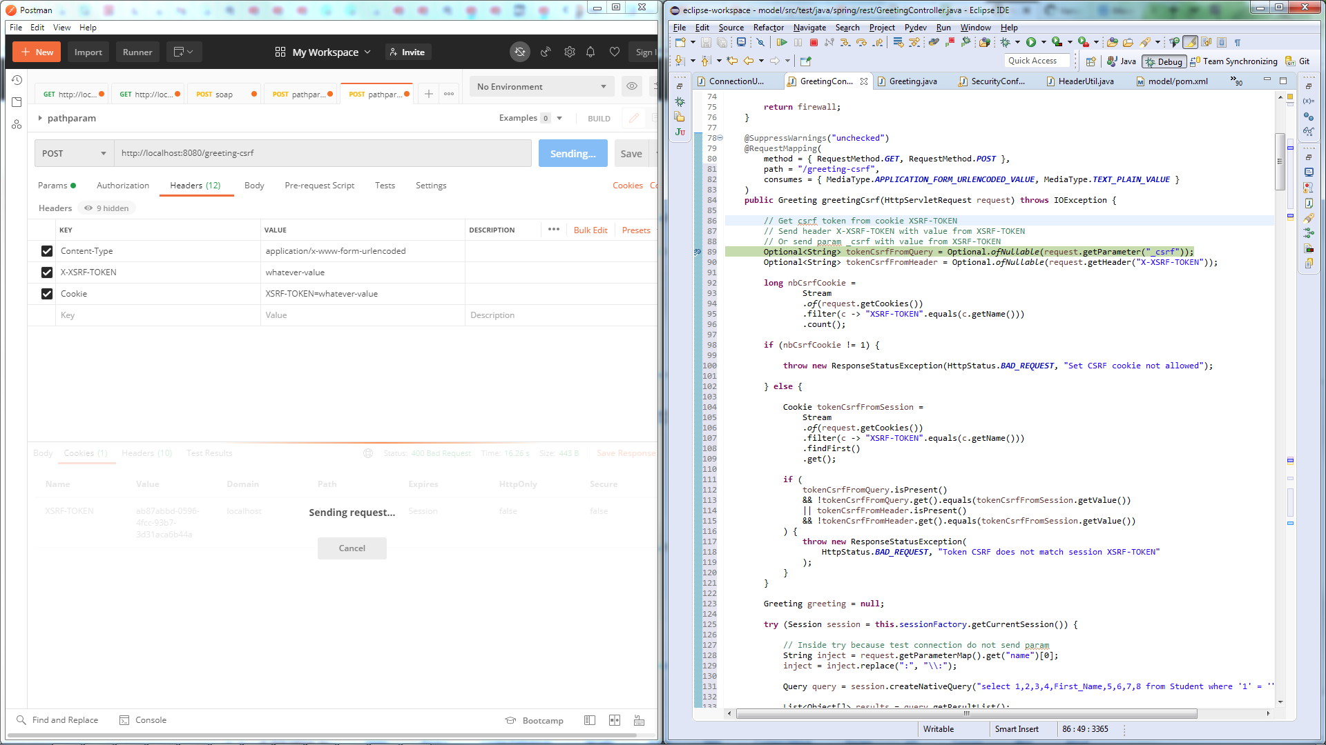 Spring CSRF workflow: header X-XSRF-TOKEN and Cookie XSRF-TOKEN both set with any identical value triggers API instead of returning 403 Forbidden