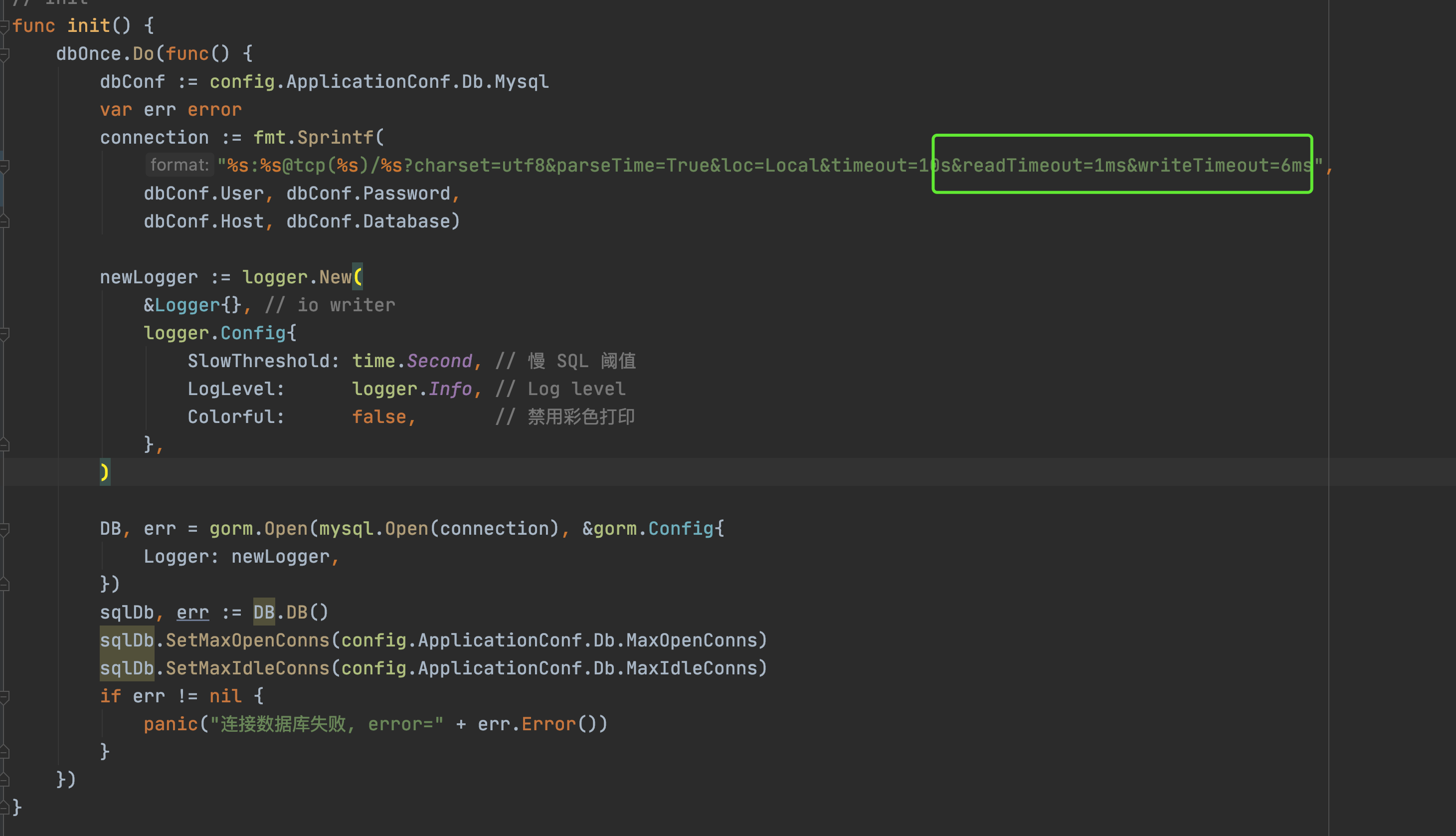 Gorm 通过 DSN 设置 readTimeout 无法生效