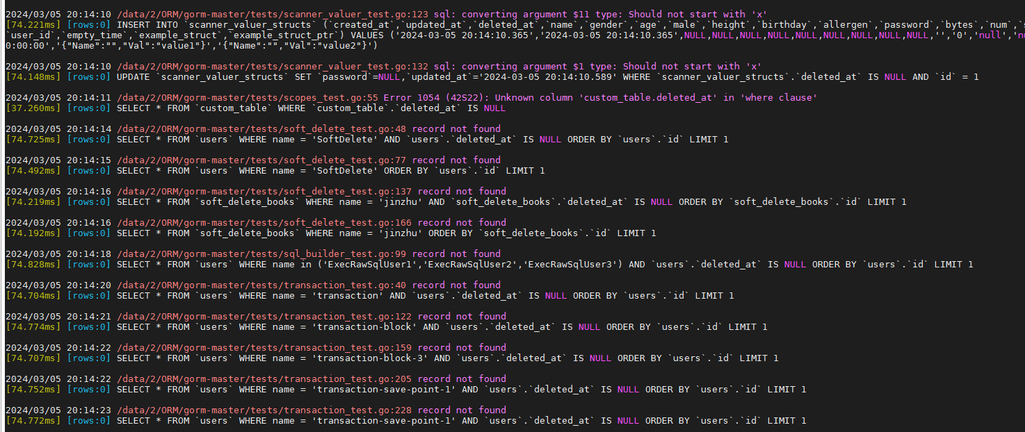 Gorm Partial failures in testing MySQL 5.7, all successful test cases in testing MySQL 8.0