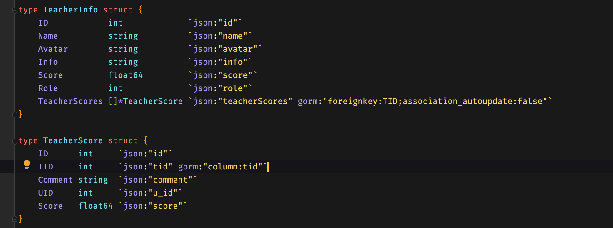 Gorm gorm preload : error : teacher_scores: unsupported relations for schema TeacherInfo 