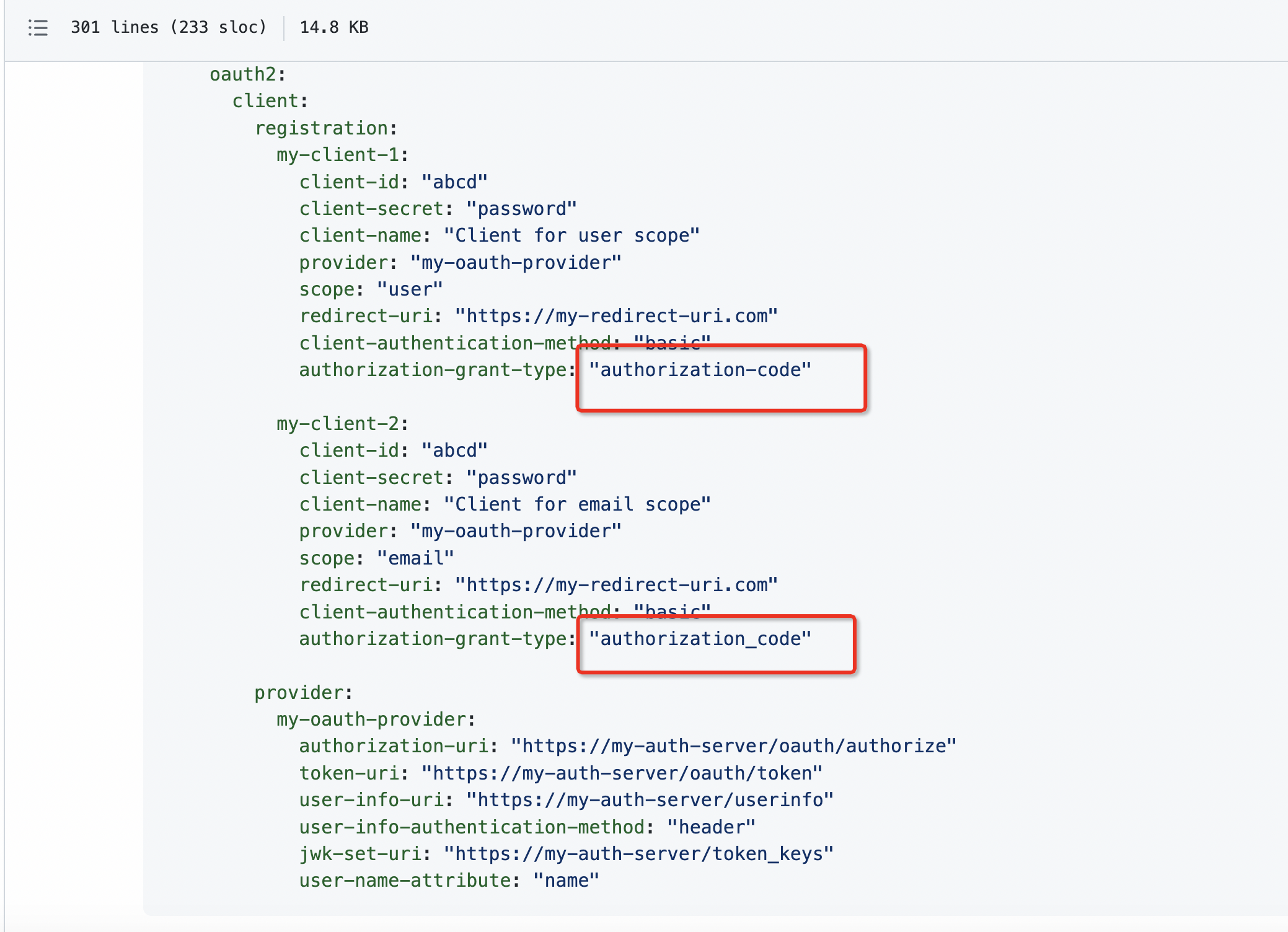 SpringBoot OAuth 2 configuration example uses unrecognized value for authorization grant type
