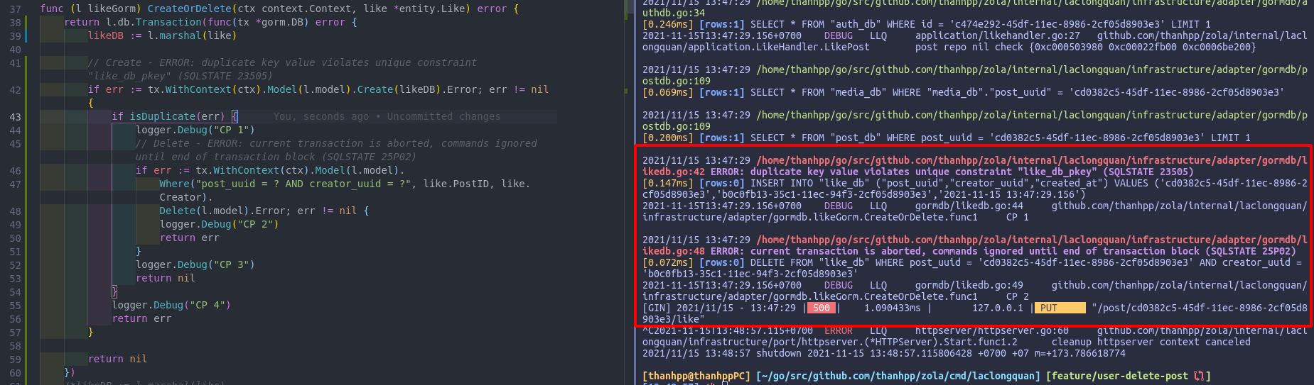 Gorm The transaction is rolled back before returning error