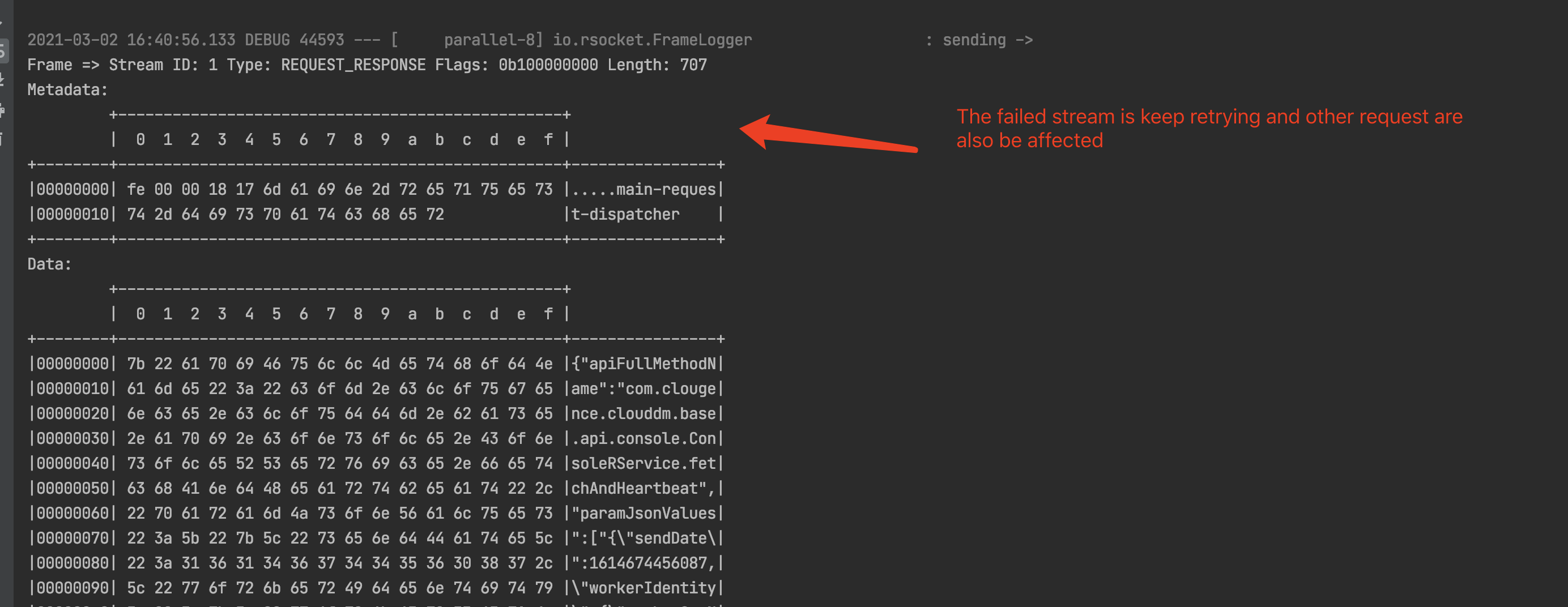 Spring Spring RSocket client send unexpected data whose payload is wrong when during connecting and cause unlimited retry