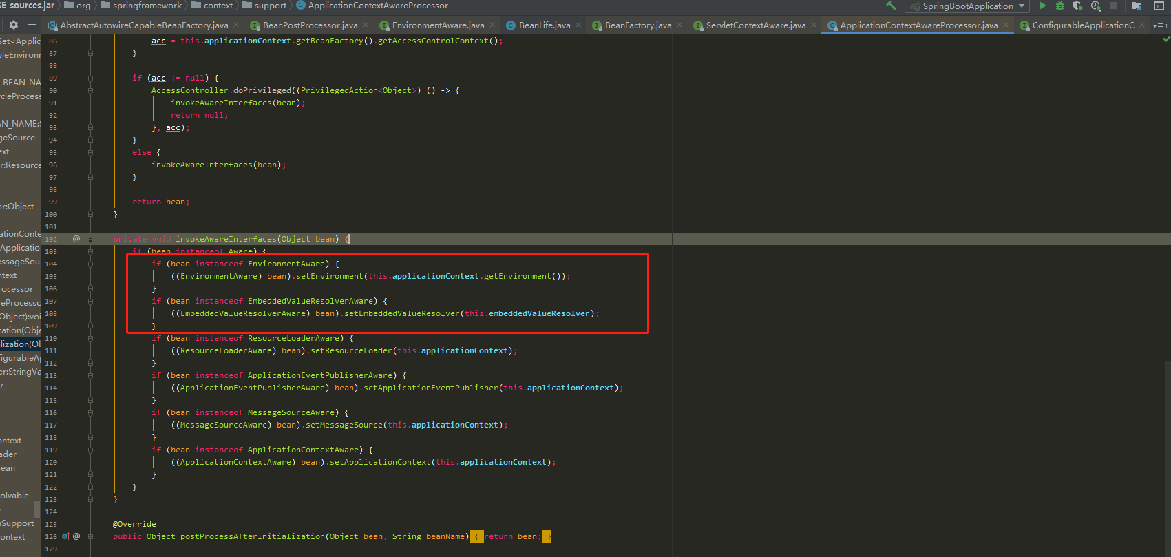 Spring Cross reference additional Aware interfaces from BeanFactory Javadoc