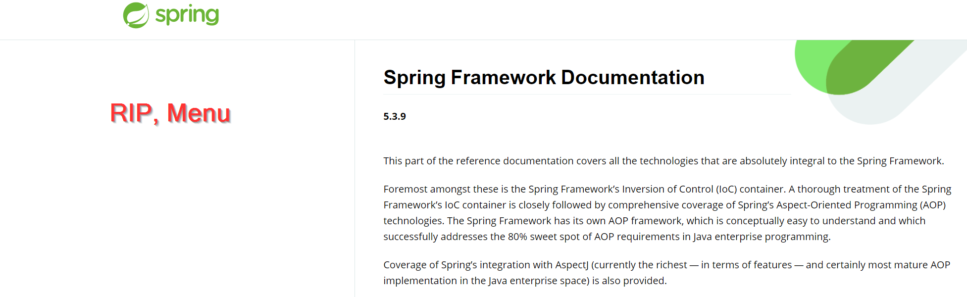 Spring Missing side menu on Spring Core documentation page