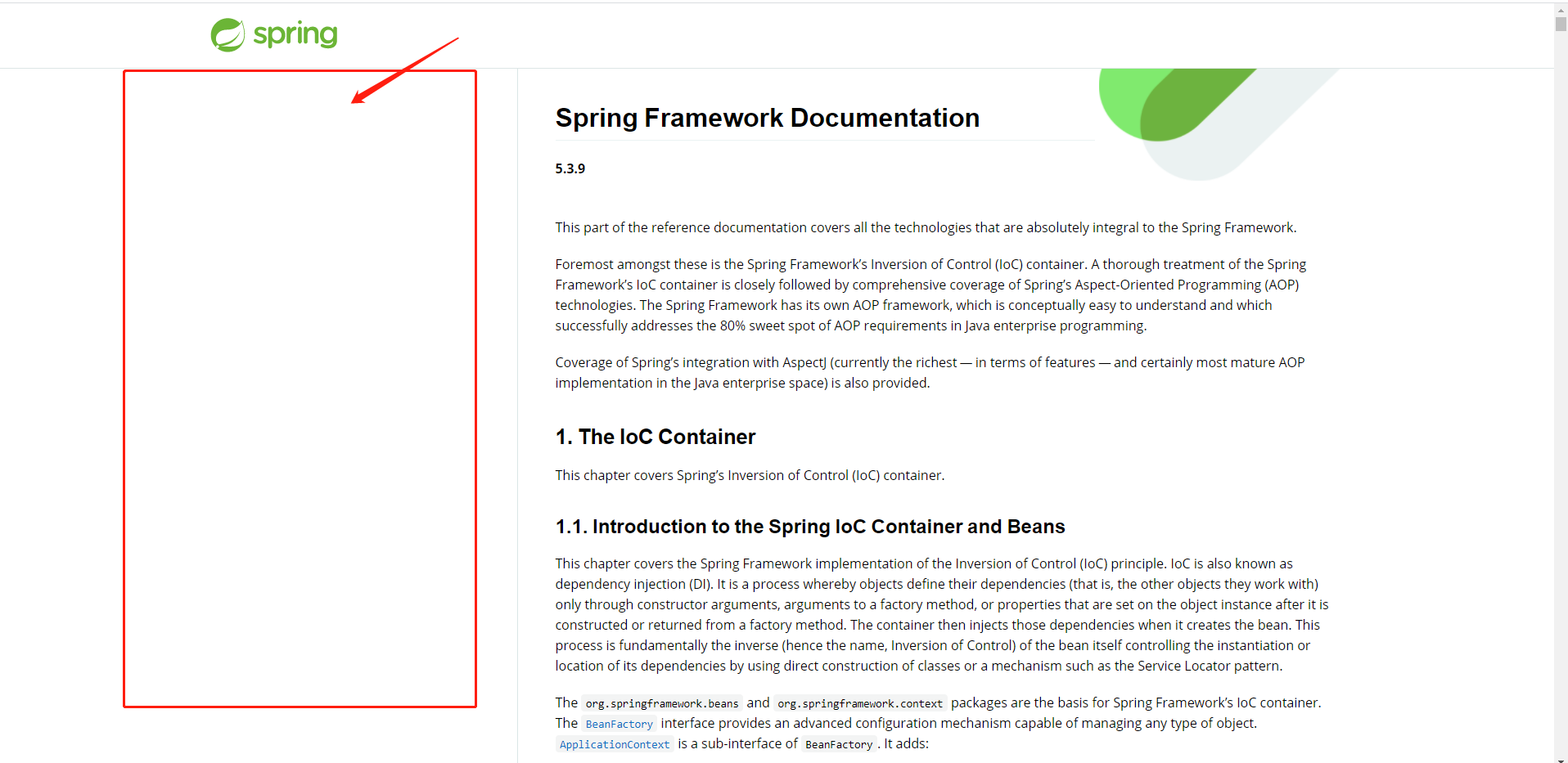 Spring The table of contents for Spring Framework  is missing