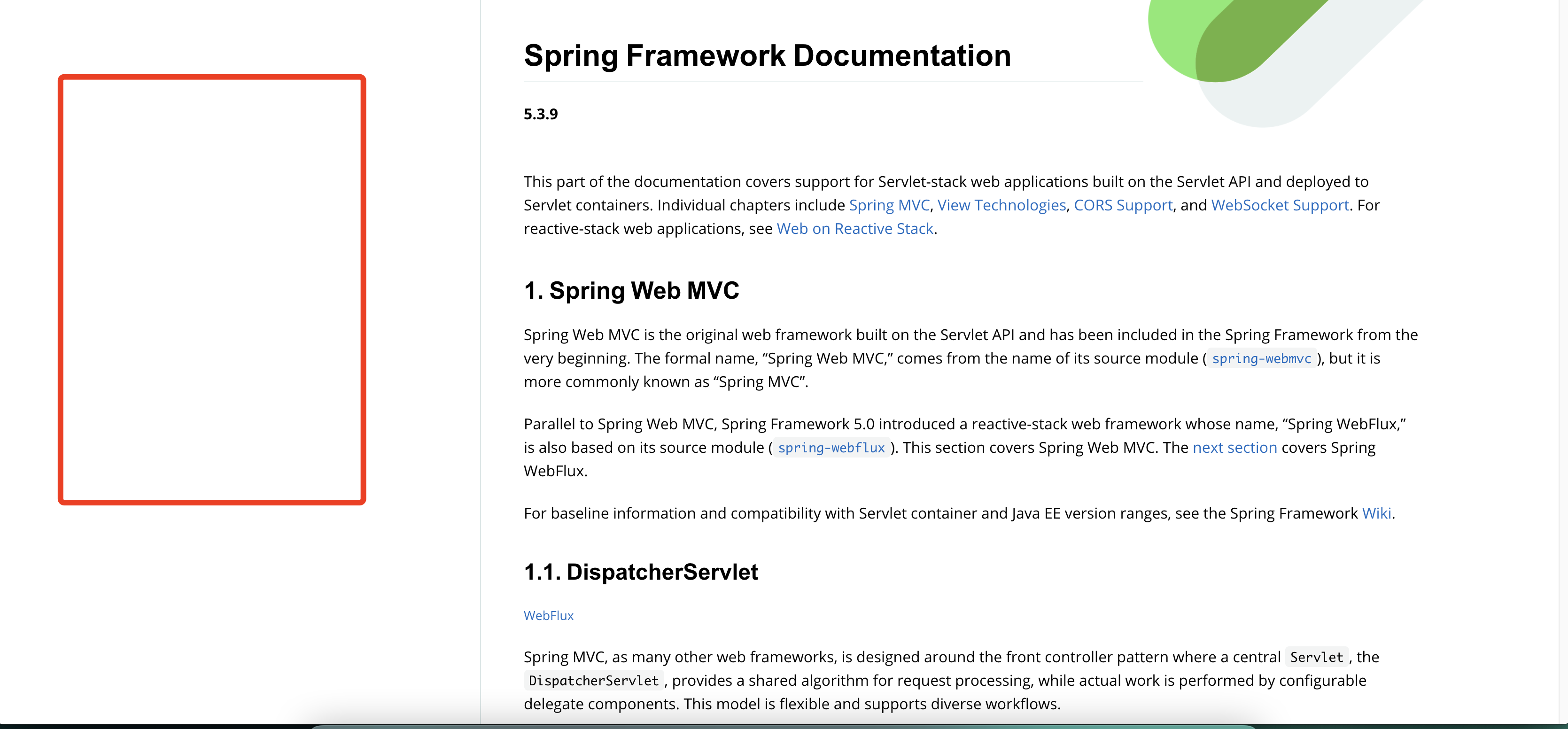 Spring missing table of content in spring framework document