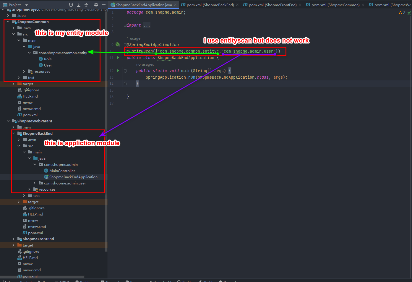 SpringBoot Spring Boot 3.0.2 Multi-module Use EntityScan does not work