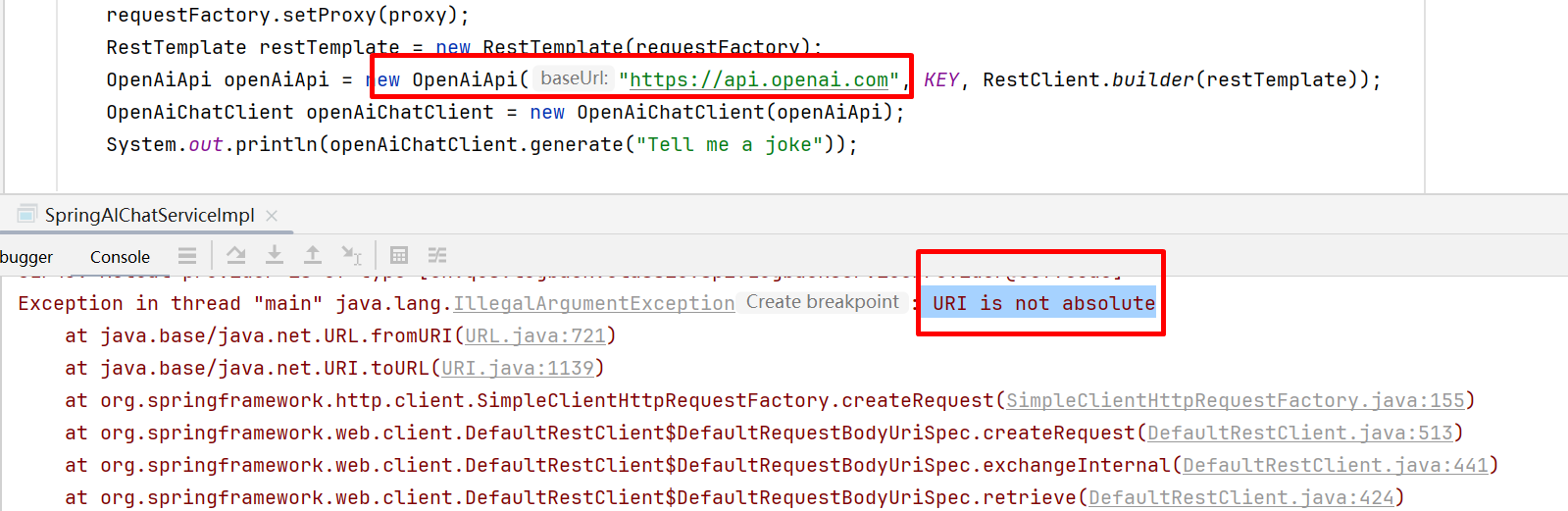 Spring-ai When execute a request to openai with a new OpenAiApi created manually, I got a  URI is not absolute error.