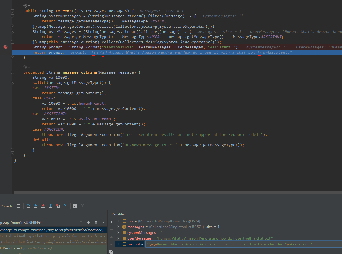 Spring-ai BedrockAnthropic return ValidationException: prompt must start with 