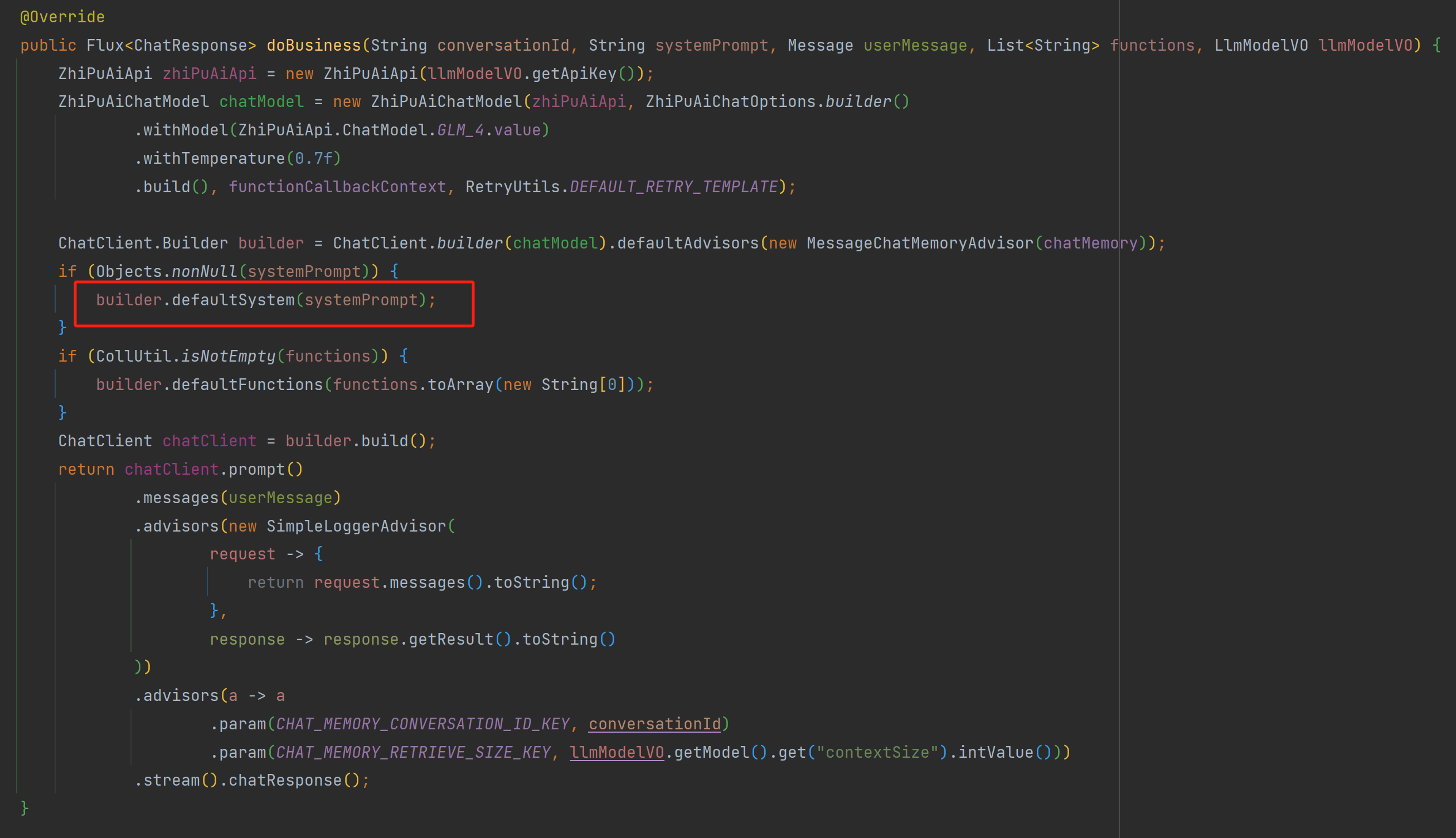 Spring-ai ZhiPu AI use ChatClient setting defaultSystem error