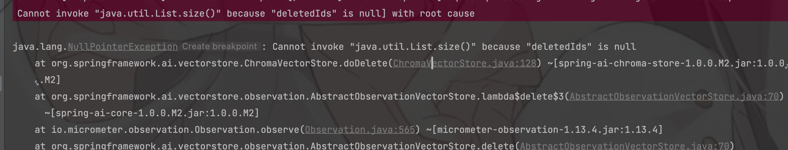 Spring-ai ChromaVectorStore doDelete  The return value is null