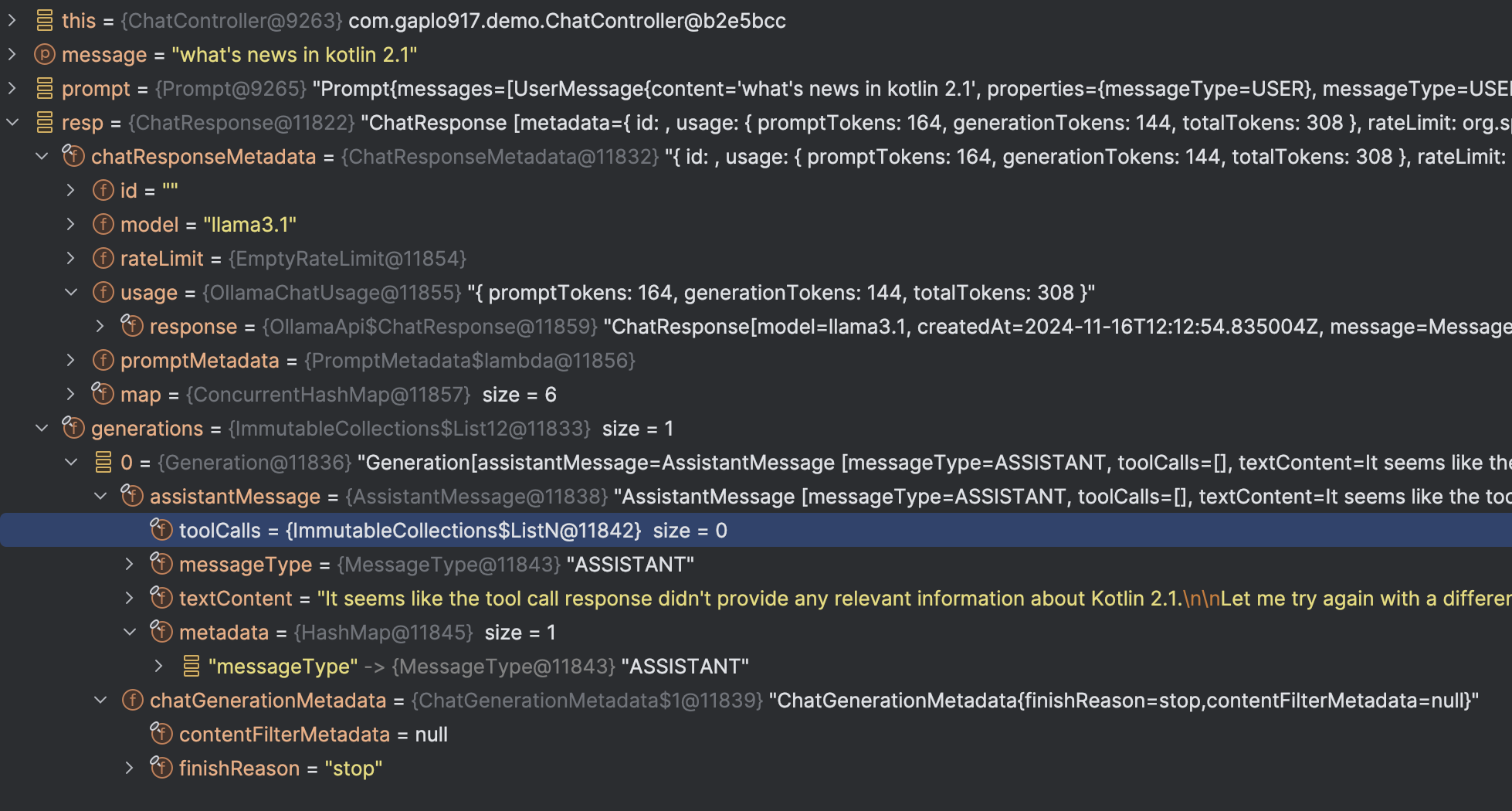 Spring-ai Functions specified in Chat Options is not returned in the getToolCalls() method