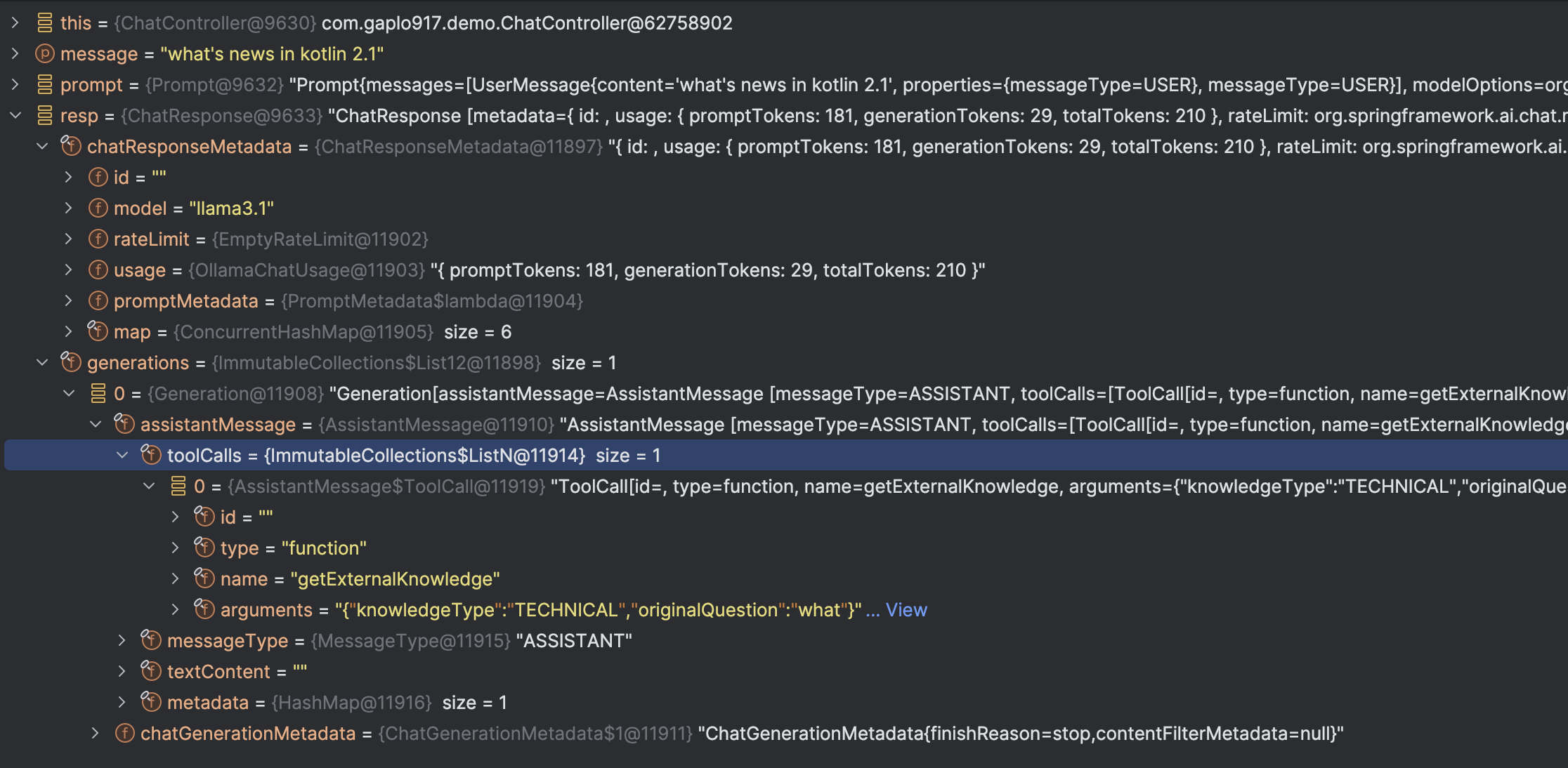 Spring-ai Functions specified in Chat Options is not returned in the getToolCalls() method