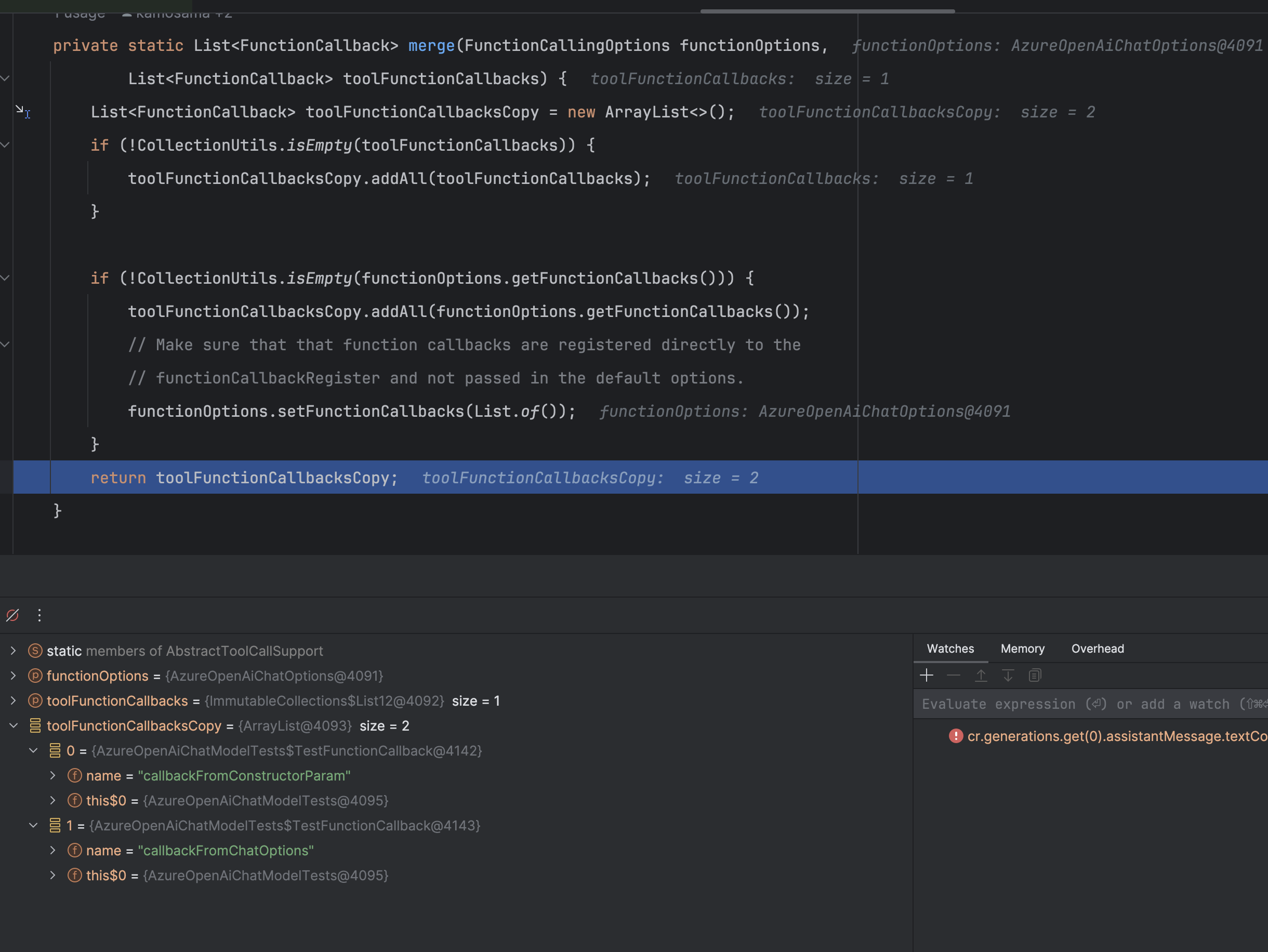 Spring-ai fix callback merging in AzureOpenAiChatModel constructor