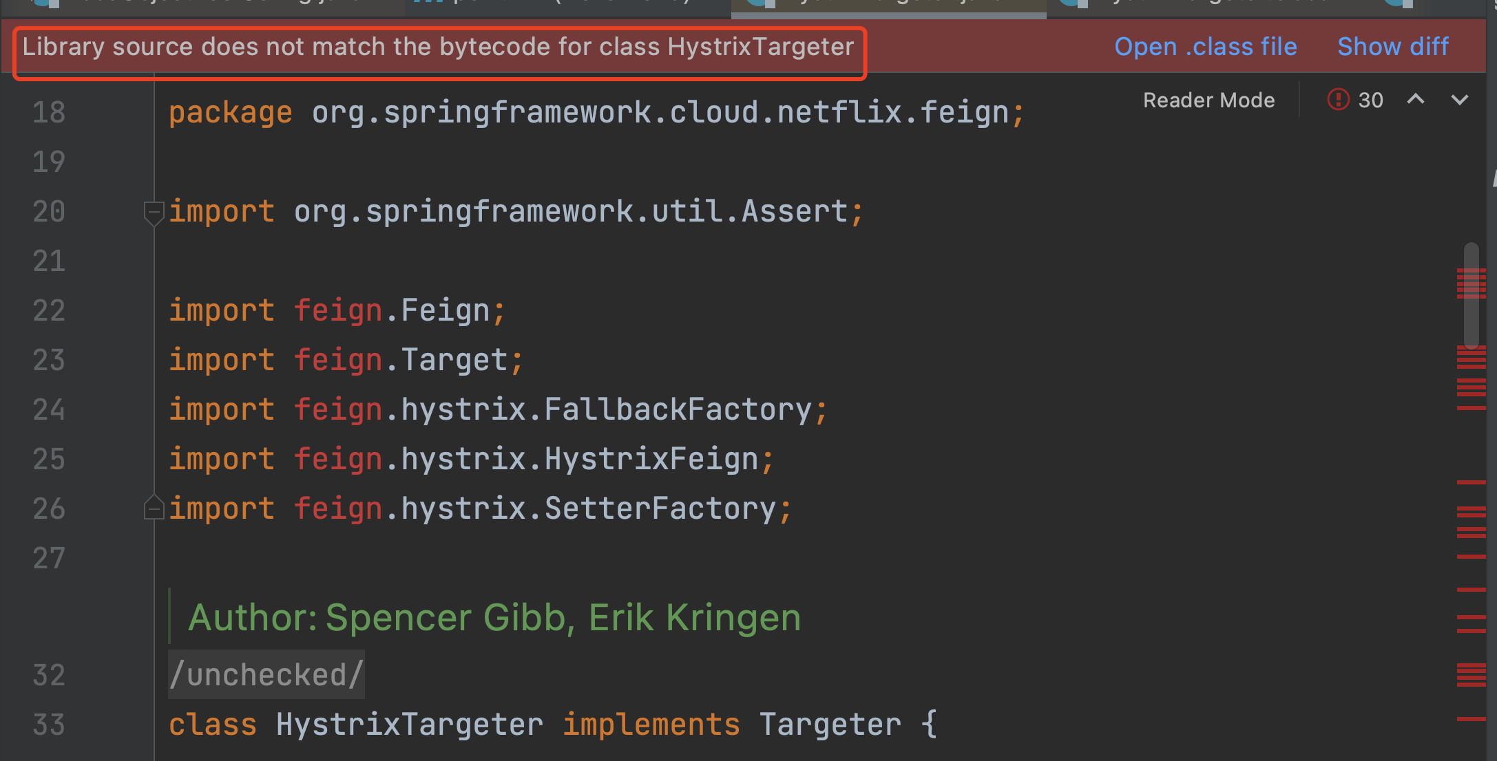Spring Cloud Netflix Library source does not match the bytecode for class HystrixTargeter