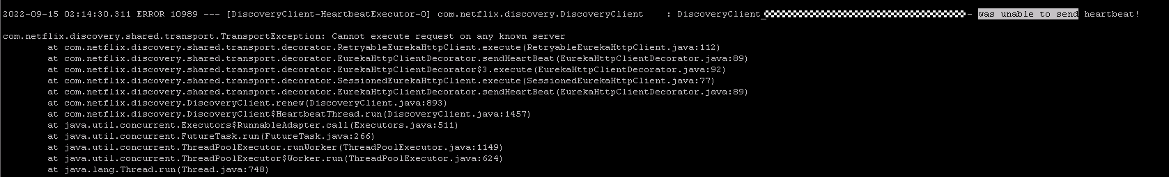 Spring Cloud Netflix ERROR DiscoveryClient - ........ was unable to send heartbeat!