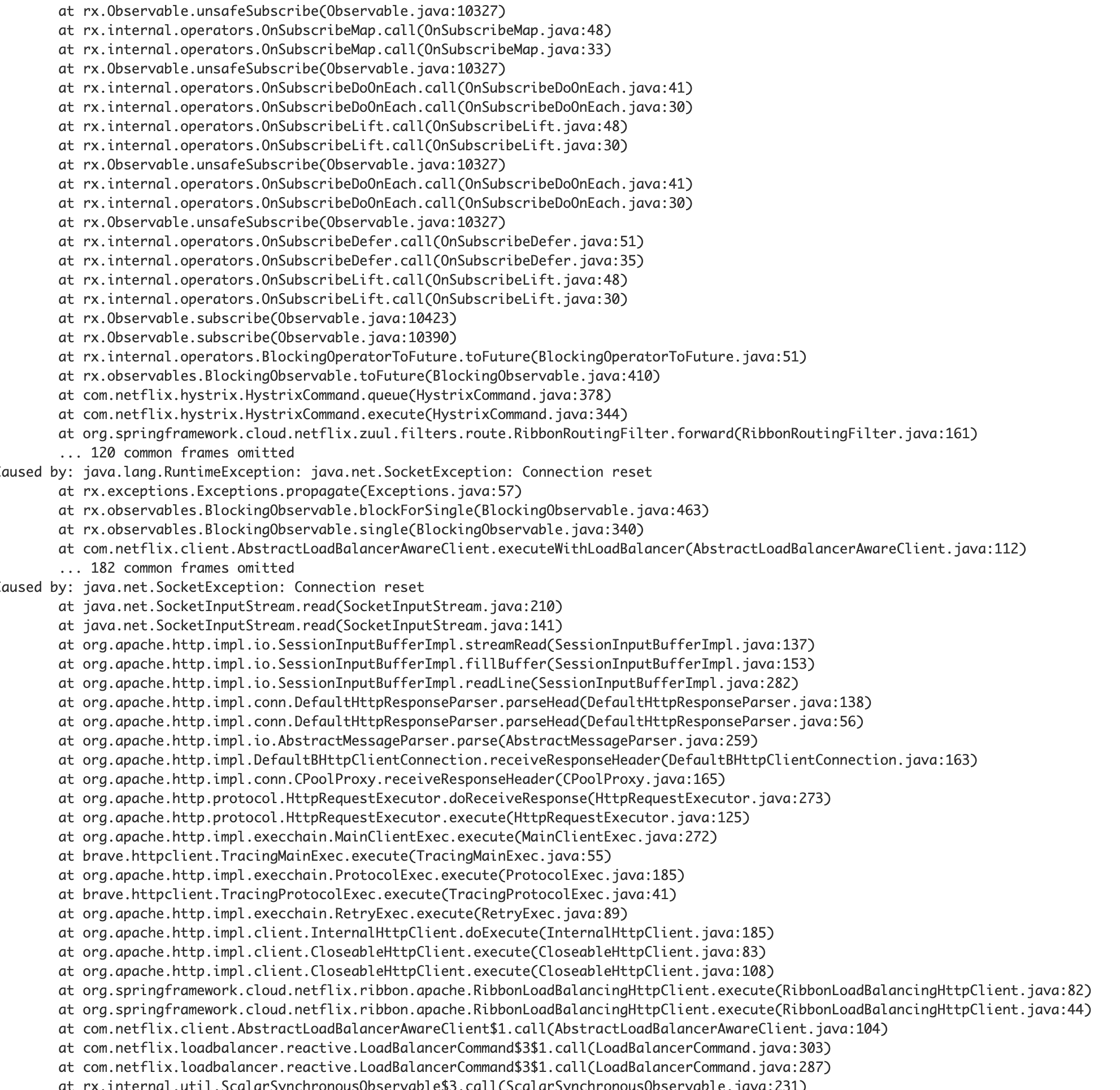 Spring Cloud Netflix org.springframework.cloud.netflix.zuul.util.ZuulRuntimeException: java.net.SocketException: Connection reset