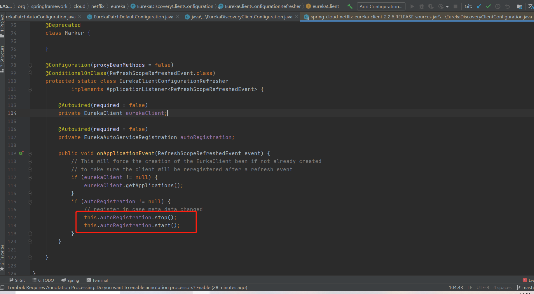 Spring Cloud Netflix eureka client down after invoke refreshScope.refreshAll() ?