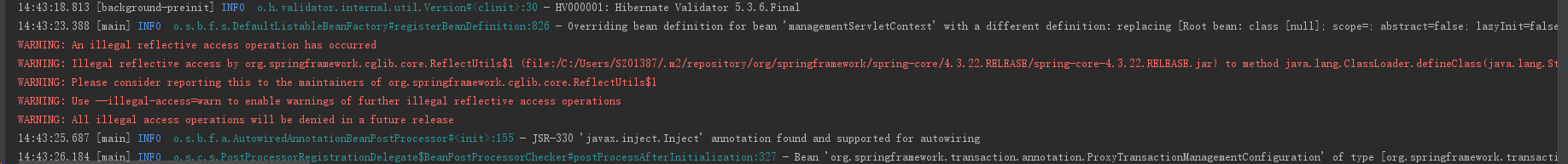 Spring on JDK 11 - WARNING: Illegal reflective access by org.springframework.cglib.core.ReflectUtils$1 (file:/C:/Users/.../spring-core/4.3.22.RELEASE/spring-core-4.3.22.RELEASE.jar)