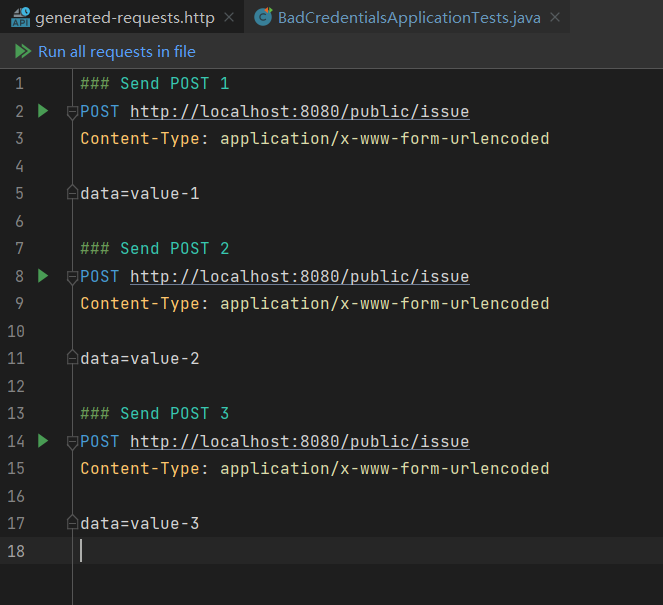 Spring Security The last POST request joins the parameters of all the requests that throw BadCredentialsException