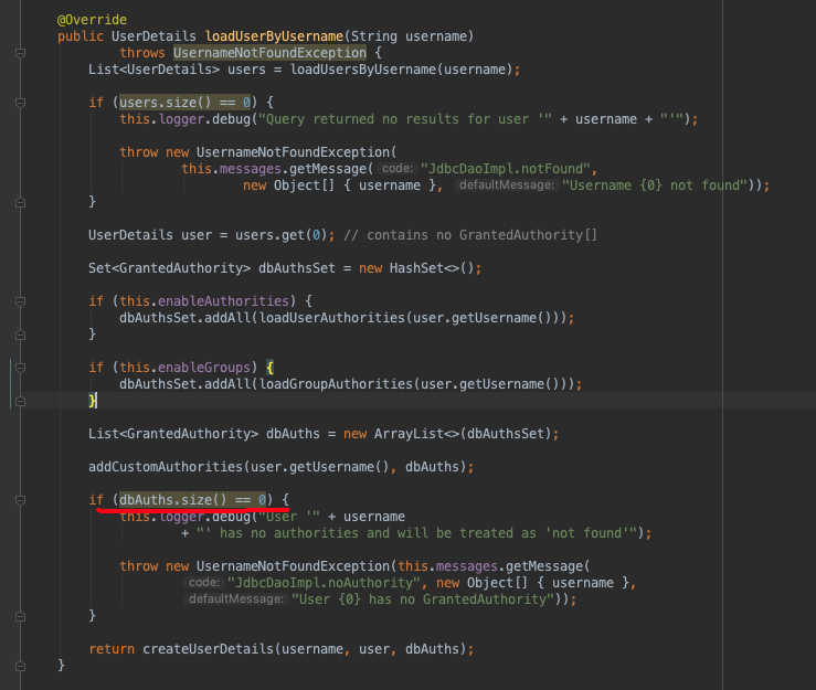 Spring Security enableAuthorities=false in JdbcDaoImpl should not throw UsernameNotFoundException