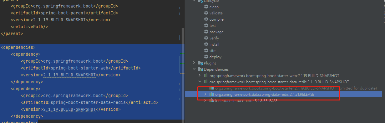 SpringBoot Why did the version of spring-data-redis become 2.1.21.RELEASE instead of the expected 2.1.4.RELEASE?