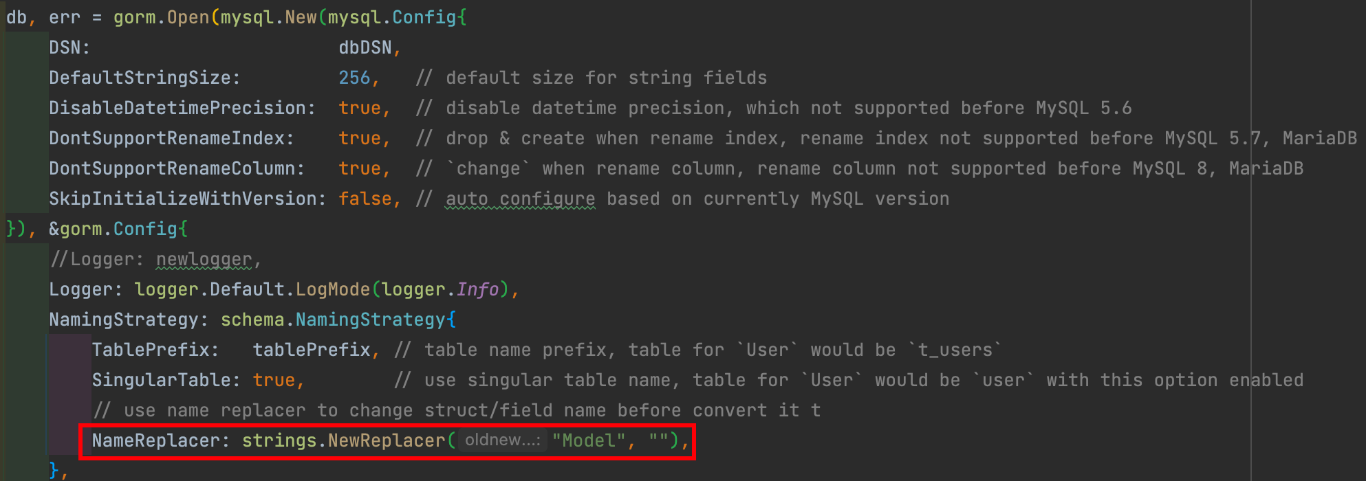 Gorm NameReplacer: strings.NewReplacer(