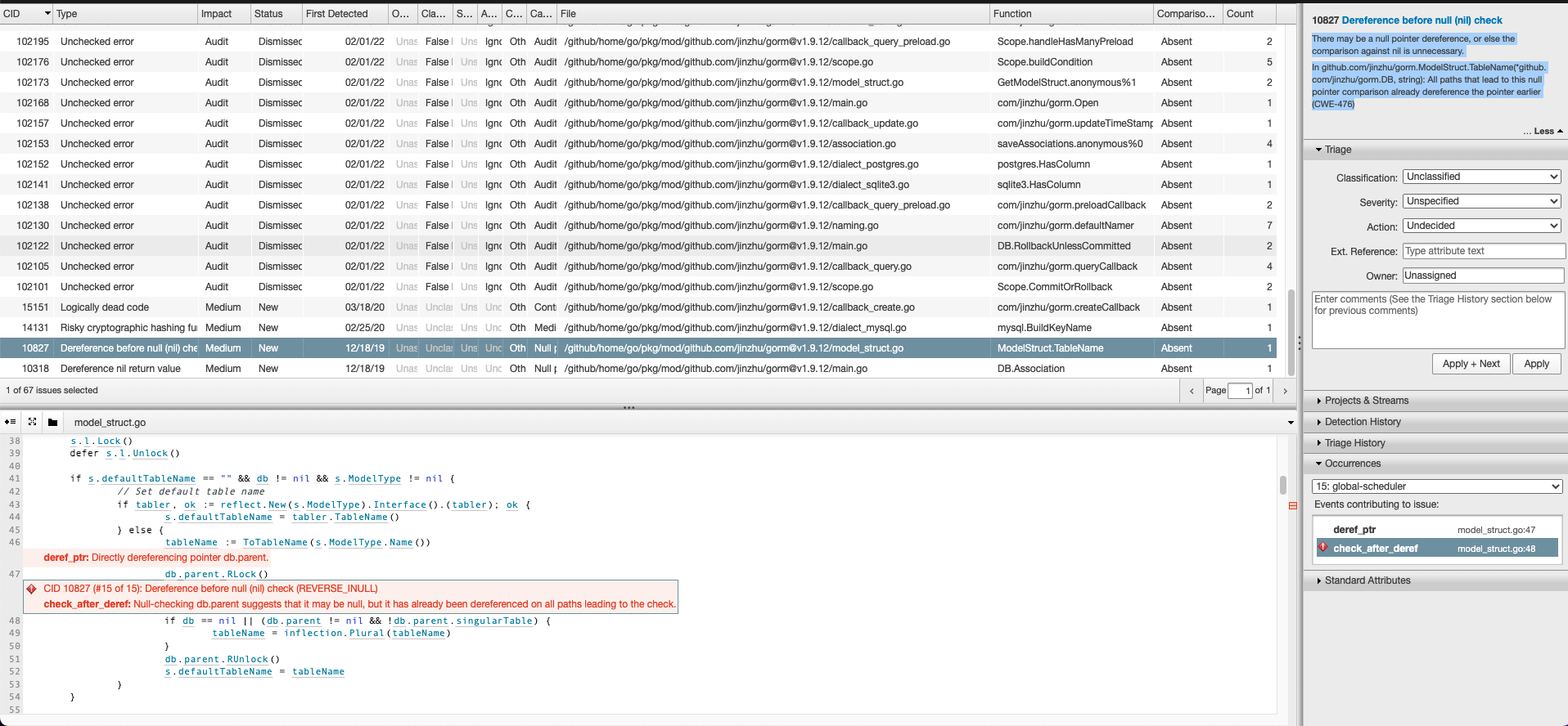 Gorm Coverity Scan - Dereference before null (nil) check