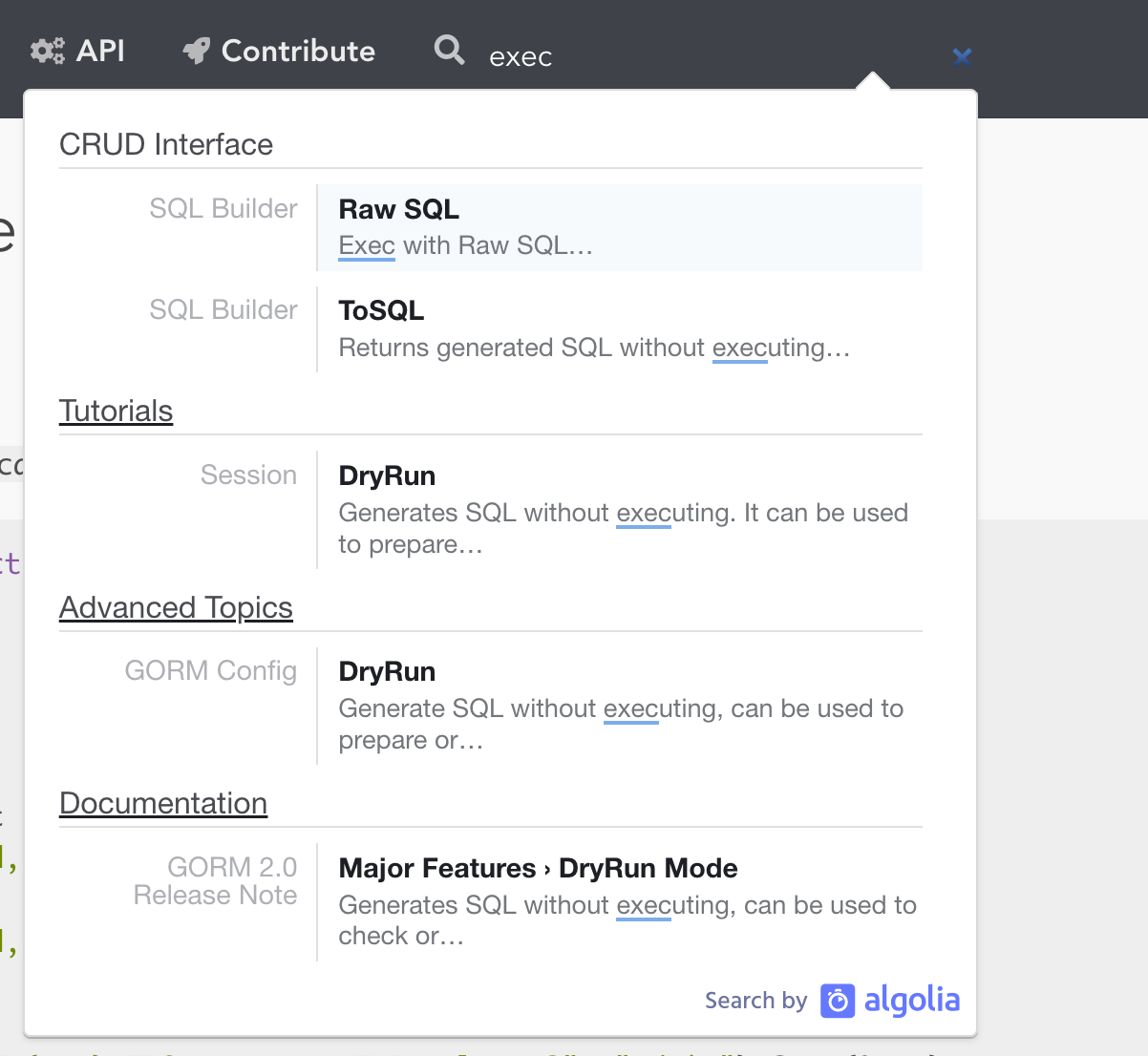 Gorm Gorm docs search cannot search through code snippets