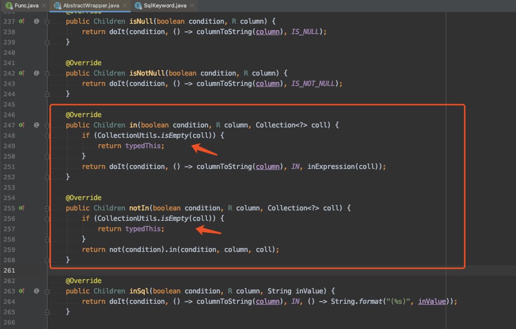 MyBatis-Plus AbstractWrapper类中in和notIn 方法，如果集合参数传入了null或者空列表，会导致把表内所有数据都查询或者操作