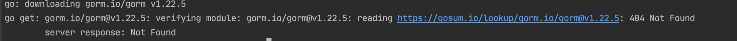 Gorm verifying module: gorm.io/gorm@v1.22.5: reading https://gosum.io/lookup/gorm.io/gorm@v1.22.5: 404 Not Found         server response: Not Found