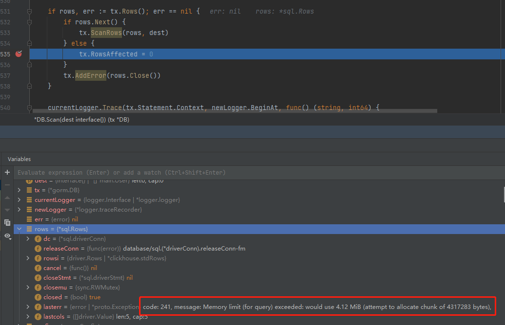 Gorm bug:gorm scan func not capture error  driver:clickhouse