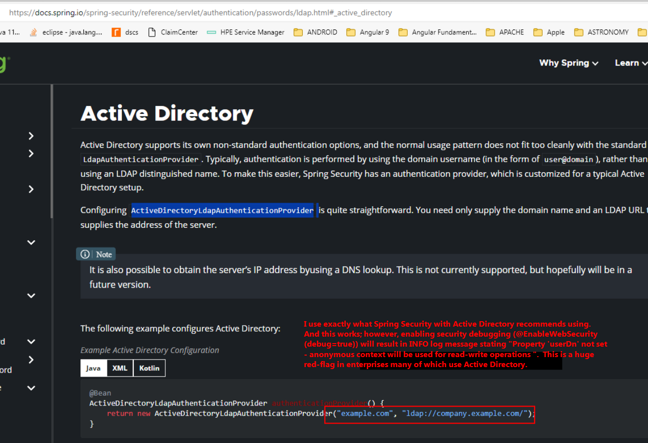 Spring Security Spring Security with Active Directory shows *Property 'userDn' not set - anonymous context will be used for read-write operations* INFO message even if anonymous is disabled in HttpSecurity settings
