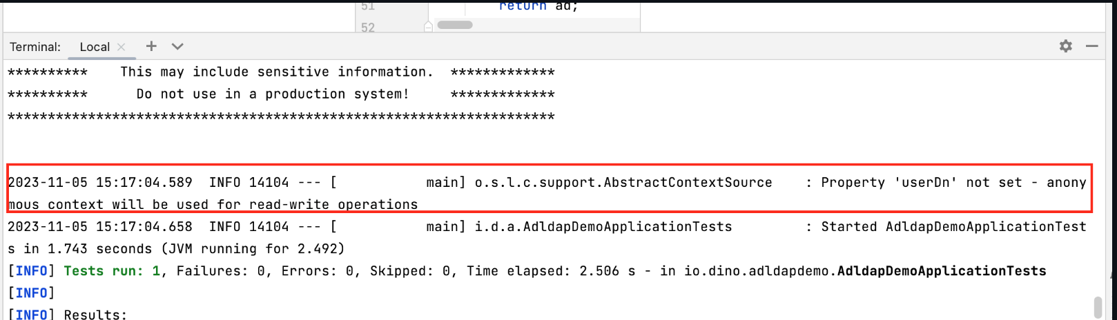 Spring Security Spring Security with Active Directory shows *Property 'userDn' not set - anonymous context will be used for read-write operations* INFO message even if anonymous is disabled in HttpSecurity settings