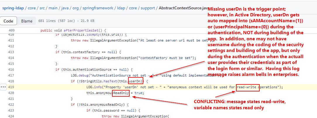 Spring Security Spring Security with Active Directory shows *Property 'userDn' not set - anonymous context will be used for read-write operations* INFO message even if anonymous is disabled in HttpSecurity settings
