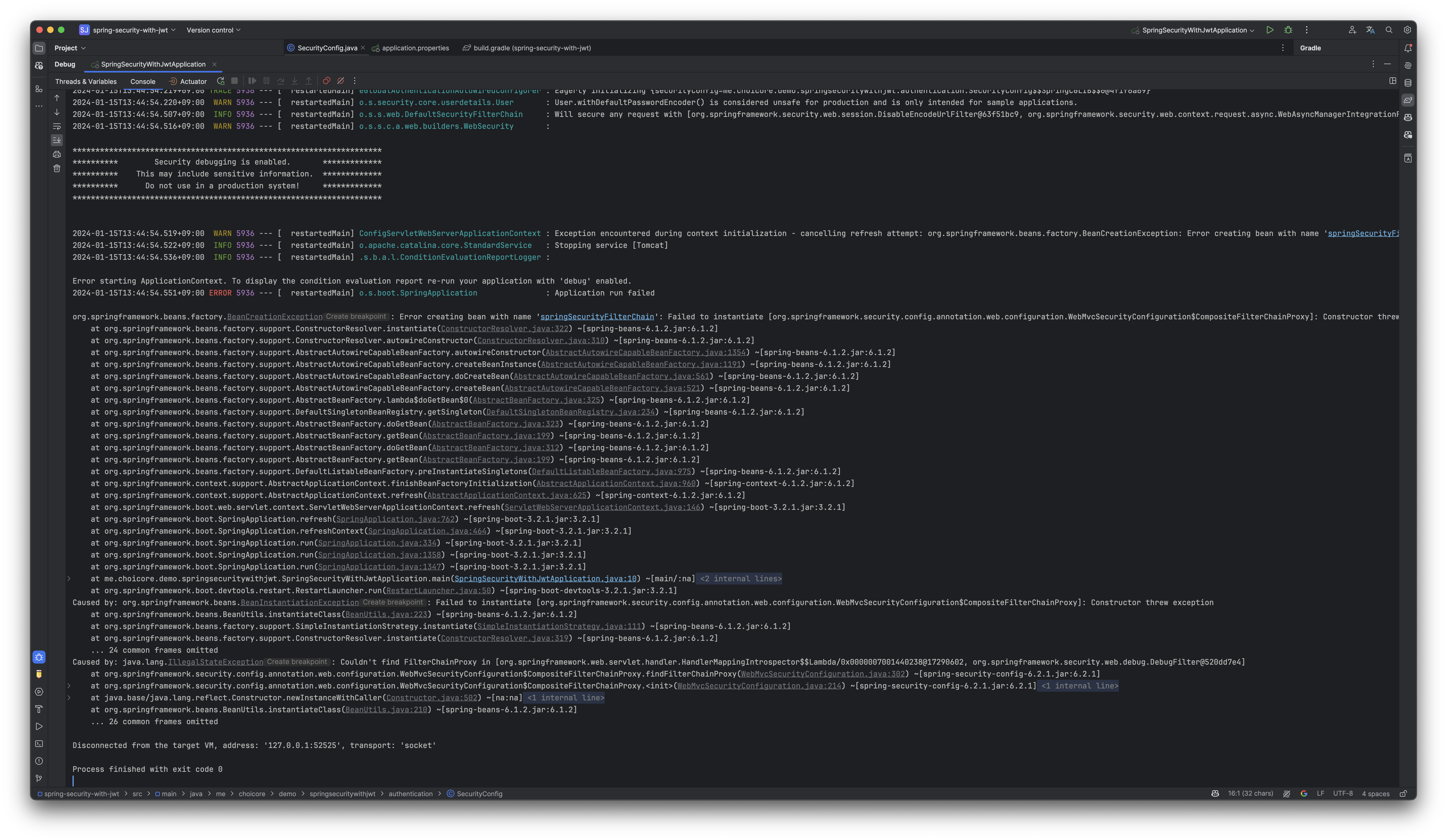 Spring Security bug: When the debug option is enabled with @EnableWebSecurity(debug = true), an error occurs.