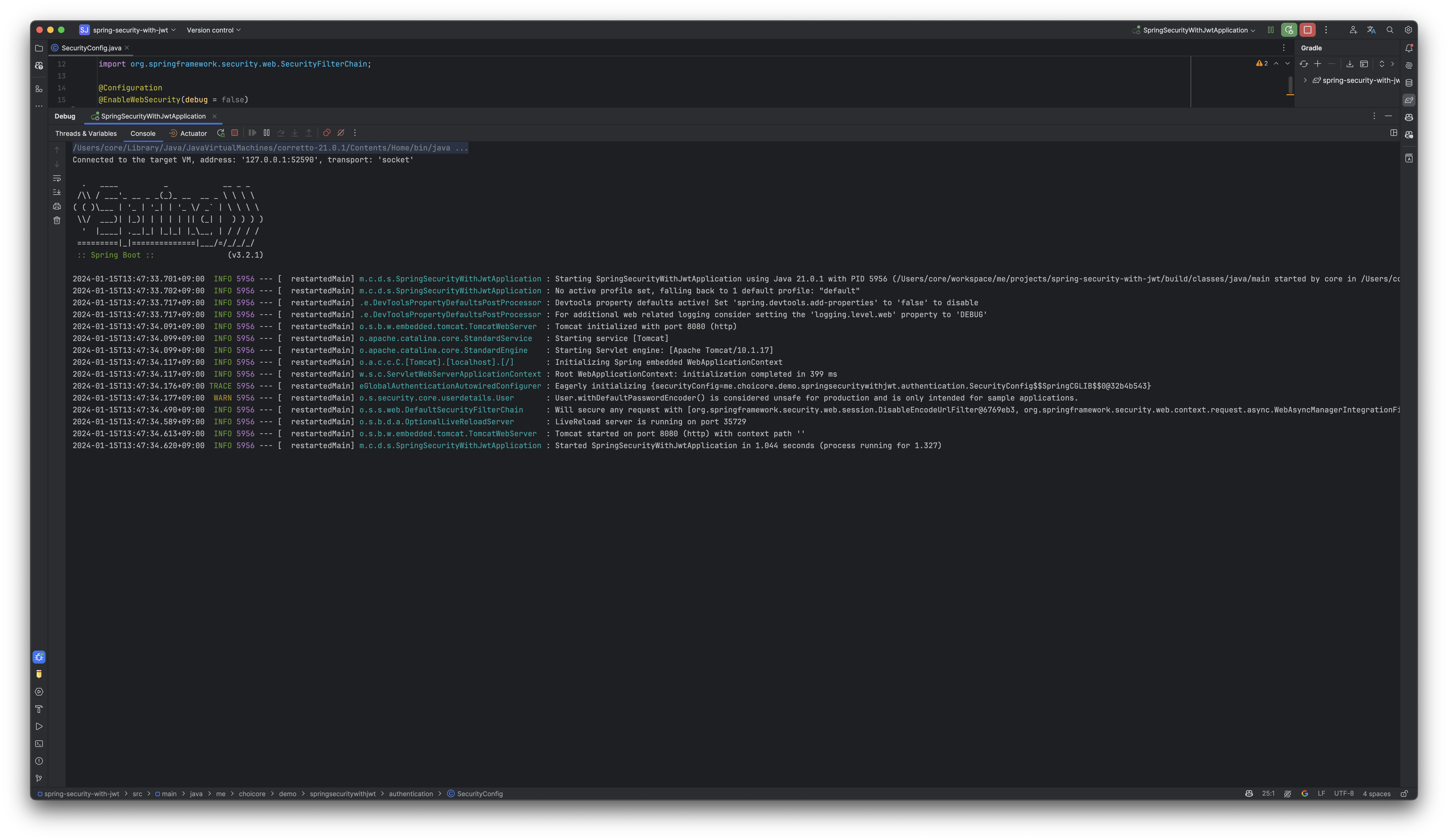 Spring Security bug: When the debug option is enabled with @EnableWebSecurity(debug = true), an error occurs.