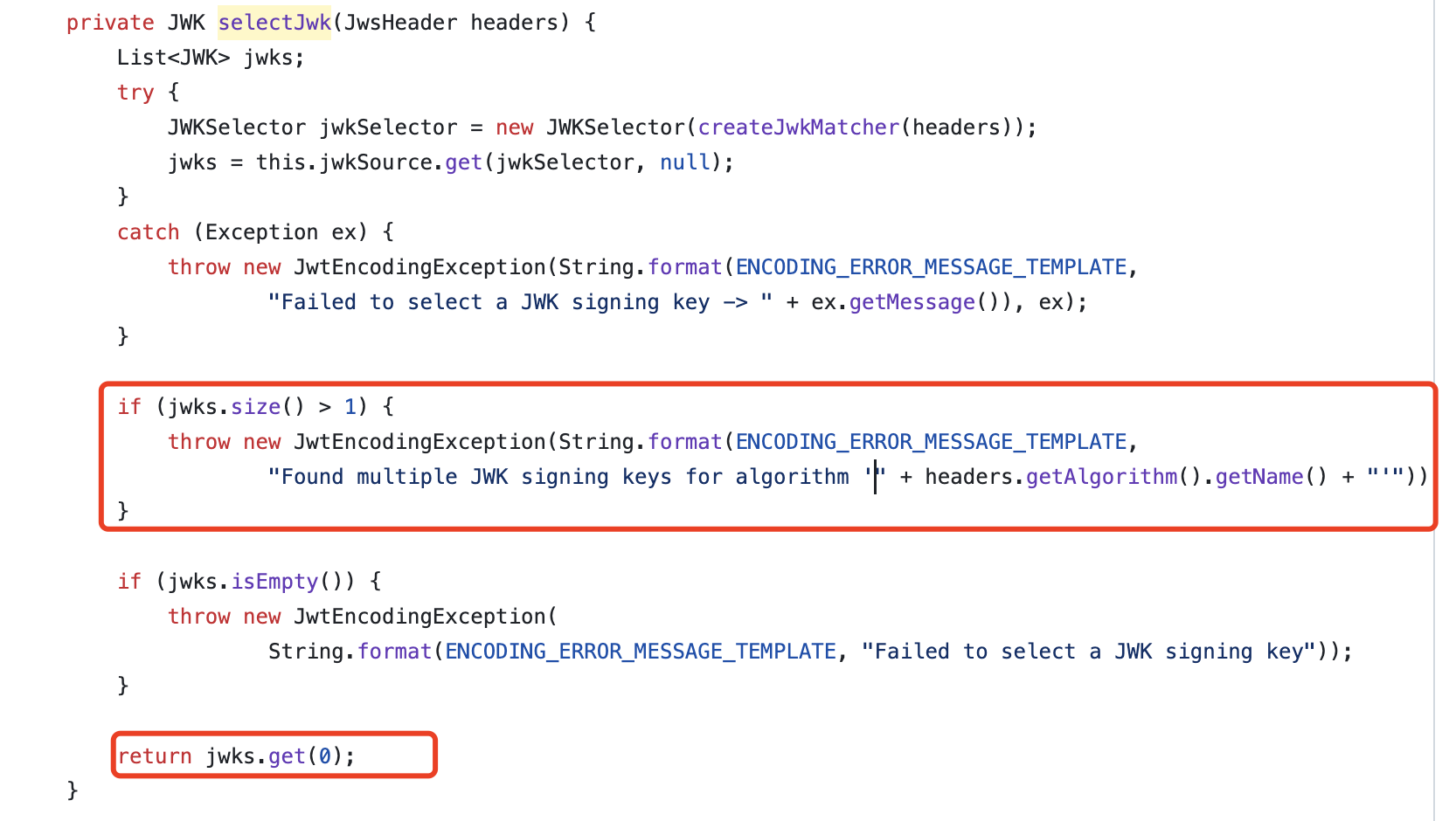 Spring Security The selectJwk method of NimbusJwtEncoder class should not throw Exception when jwks size great than one