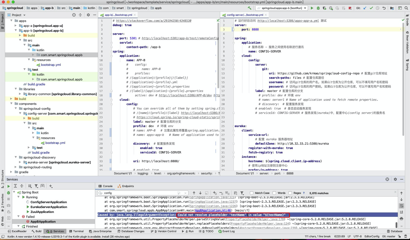 Spring Cloud Config always could not resolve placeholder 'testName' in value 